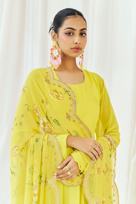 Buy_Redpine Designs_Yellow Viscose Georgette Sequins, Panelled Anarkali With Floral Print Dupatta _Online_at_Aza_Fashions