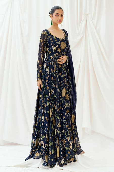 Redpine Designs_Navy Viscose Georgette, Viscose, Organza Sequins Printed Anarkali With Dupatta _Online_at_Aza_Fashions