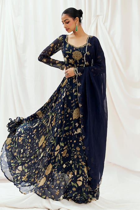 Redpine Designs Navy Viscose Georgette, Viscose, Organza Sequins Printed Anarkali With Dupatta 