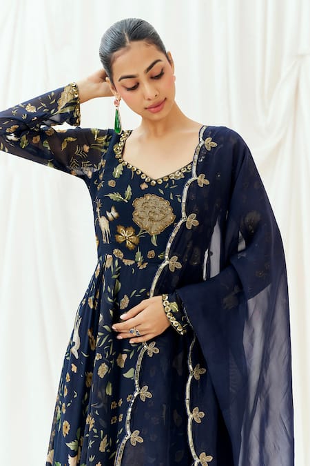 Buy_Redpine Designs_Navy Viscose Georgette, Viscose, Organza Sequins Printed Anarkali With Dupatta _Online_at_Aza_Fashions