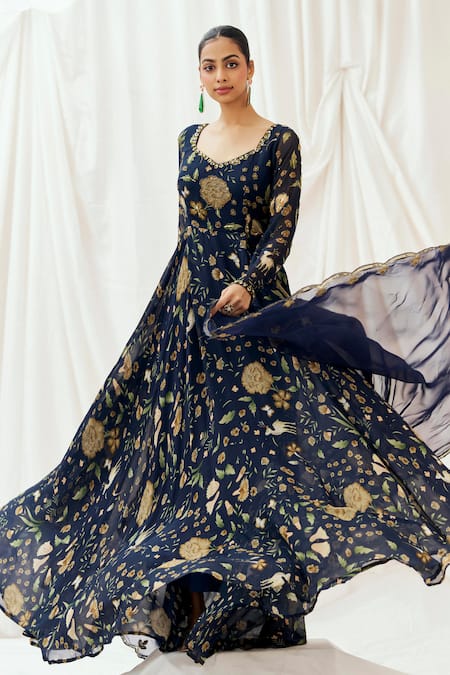 Shop_Redpine Designs_Navy Viscose Georgette, Viscose, Organza Sequins Printed Anarkali With Dupatta _Online_at_Aza_Fashions
