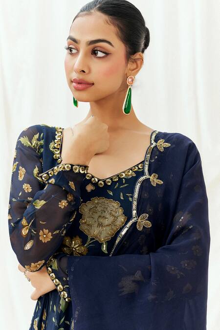 Redpine Designs_Navy Viscose Georgette, Viscose, Organza Sequins Printed Anarkali With Dupatta _at_Aza_Fashions