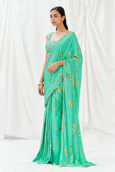 Redpine Designs_Turquoise Viscose, Crepe, Silk Embroidery, Printed Pre-draped Saree With Blouse _Online_at_Aza_Fashions