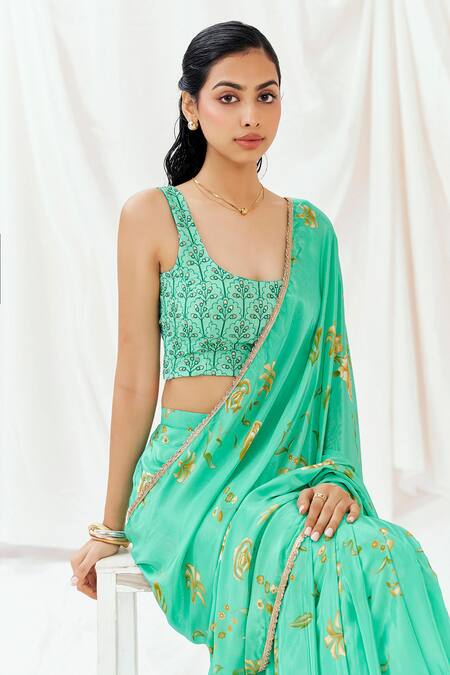 Buy_Redpine Designs_Turquoise Viscose, Crepe, Silk Embroidery, Printed Pre-draped Saree With Blouse _Online_at_Aza_Fashions
