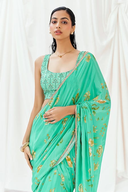 Shop_Redpine Designs_Turquoise Viscose, Crepe, Silk Embroidery, Printed Pre-draped Saree With Blouse _Online_at_Aza_Fashions