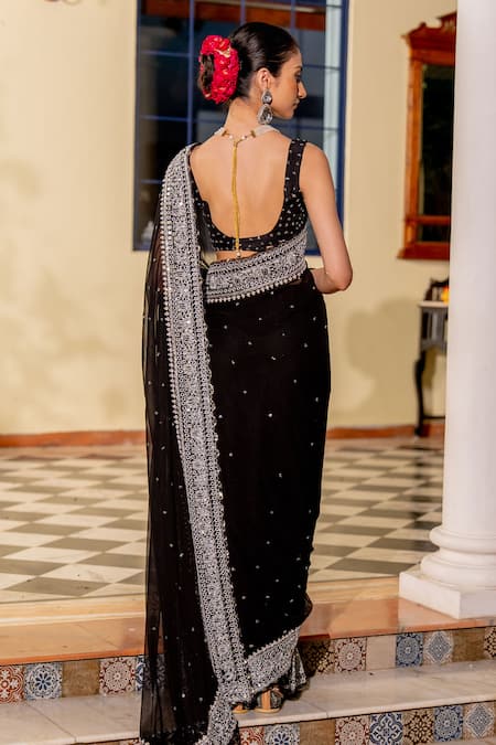 Nafs Black Georgette Sequin Saree With Blouse 