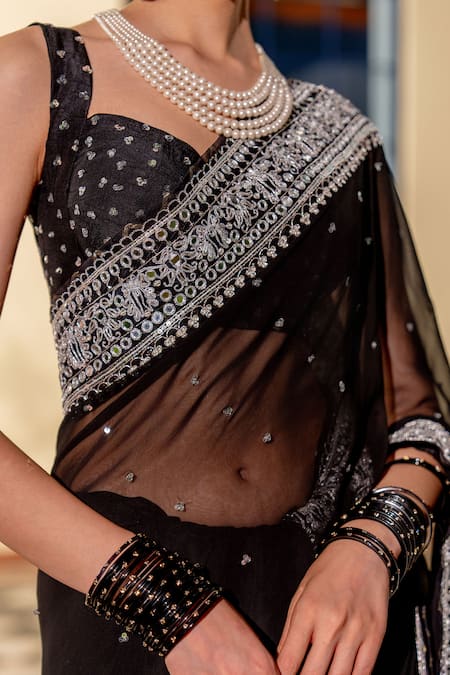 Nafs_Black Georgette, Tussar, Silk Sequins, Zari Sweetheart Neck Saree With Blouse _Online_at_Aza_Fashions
