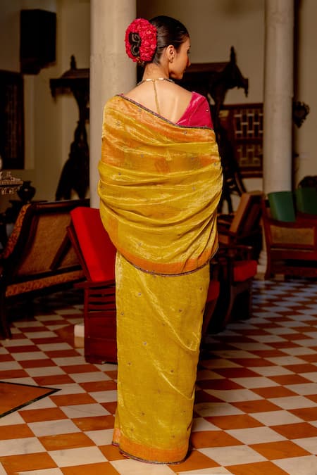 Nafs Chartreuse Yellow Saree & Fuchsia Blouse Set 