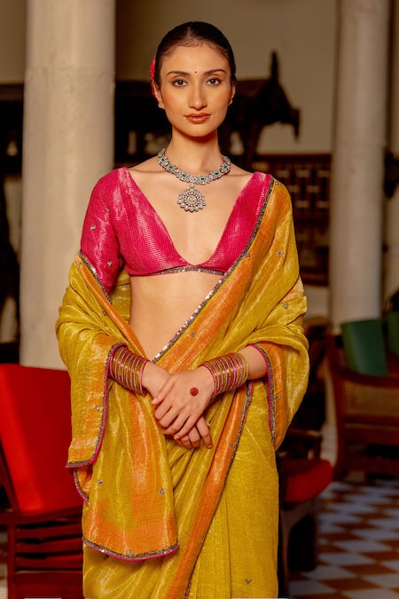 Buy_Nafs_Yellow Tissue Zari, Sequins V-neck Chartreuse Saree And Fuchsia Blouse Set _Online_at_Aza_Fashions
