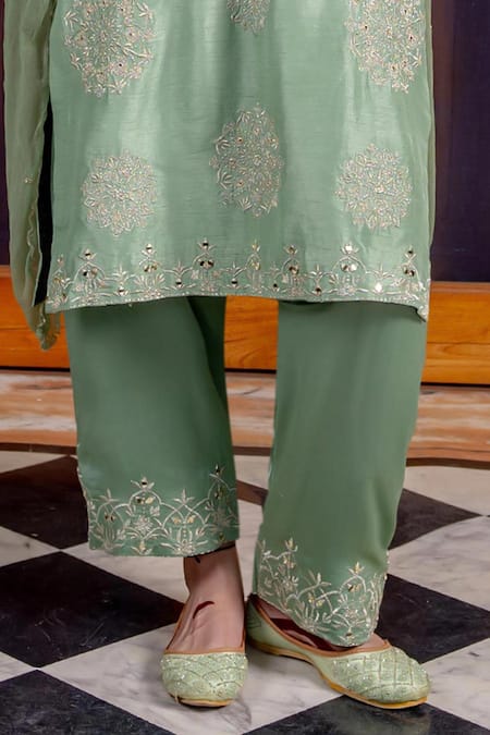 Nafs_Green Tussar, Silk, Bemberg, Satin, Chiffon Embroidery, Mirrors Sage Kurta Set _Online_at_Aza_Fashions