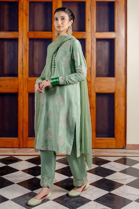 Buy_Nafs_Green Tussar, Silk, Bemberg, Satin, Chiffon Embroidery, Mirrors Sage Kurta Set _Online_at_Aza_Fashions