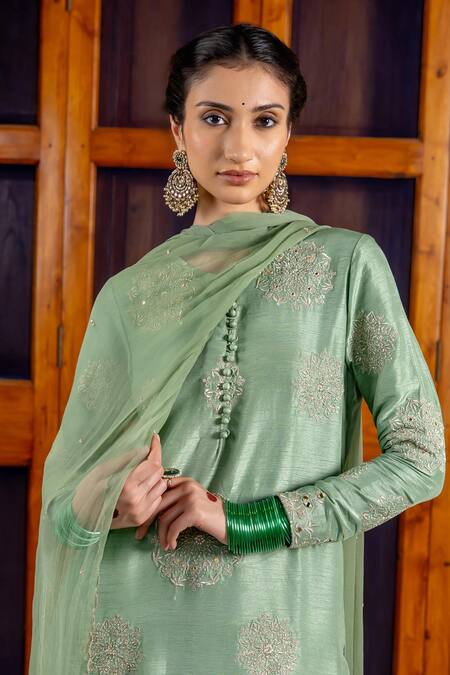 Shop_Nafs_Green Tussar, Silk, Bemberg, Satin, Chiffon Embroidery, Mirrors Sage Kurta Set _Online_at_Aza_Fashions