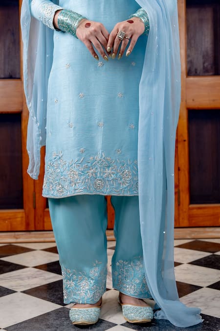 Nafs_Sky Blue Tussar, Silk, Bemberg, Satin, Chiffon Embroidery Keyhole Neck Kurta Set _Online_at_Aza_Fashions