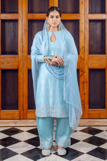 Nafs Sky Blue Tussar, Silk, Bemberg, Satin, Chiffon Embroidery Keyhole Neck Kurta Set 