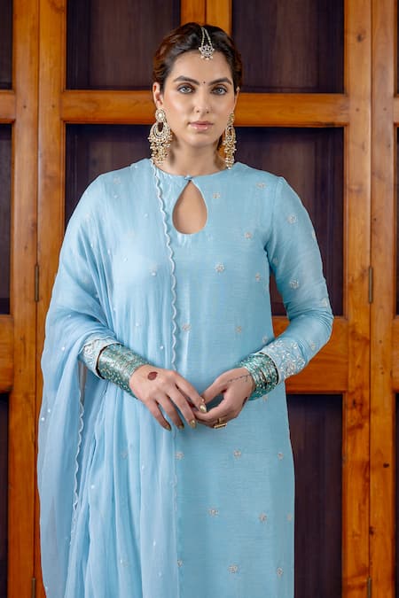Buy_Nafs_Sky Blue Tussar, Silk, Bemberg, Satin, Chiffon Embroidery Keyhole Neck Kurta Set _Online_at_Aza_Fashions