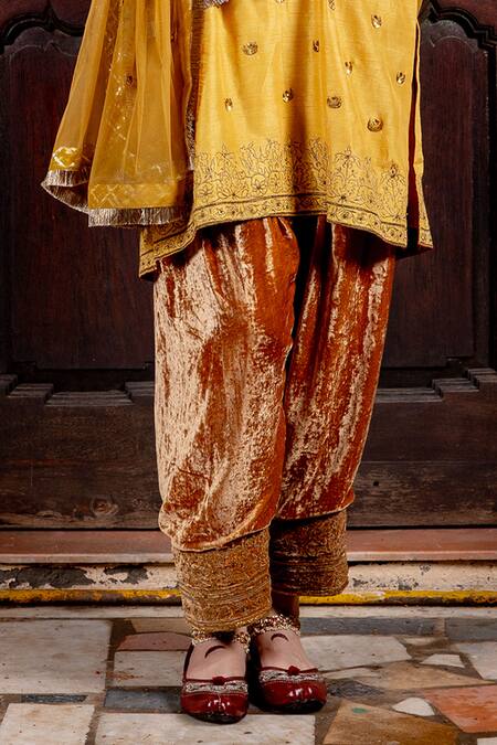 Nafs_Yellow Tussar, Silk, Velvet, Net Sequins, Embroidery, Butter Scotch Kurta Set _Online_at_Aza_Fashions