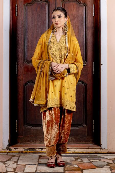 Buy_Nafs_Yellow Tussar, Silk, Velvet, Net Sequins, Embroidery, Butter Scotch Kurta Set _Online_at_Aza_Fashions