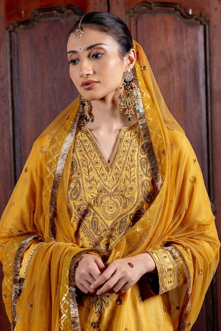 Shop_Nafs_Yellow Tussar, Silk, Velvet, Net Sequins, Embroidery, Butter Scotch Kurta Set _Online_at_Aza_Fashions