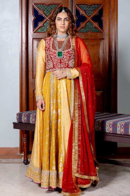 Nafs_Yellow Brocade, Chanderi, Chiffon Zari, Sequins Round Neck Anarkali Set _Online_at_Aza_Fashions