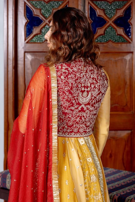 Buy_Nafs_Yellow Brocade, Chanderi, Chiffon Zari, Sequins Round Neck Anarkali Set _Online_at_Aza_Fashions