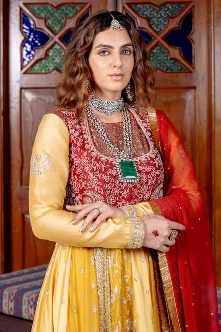 Shop_Nafs_Yellow Brocade, Chanderi, Chiffon Zari, Sequins Round Neck Anarkali Set _Online_at_Aza_Fashions