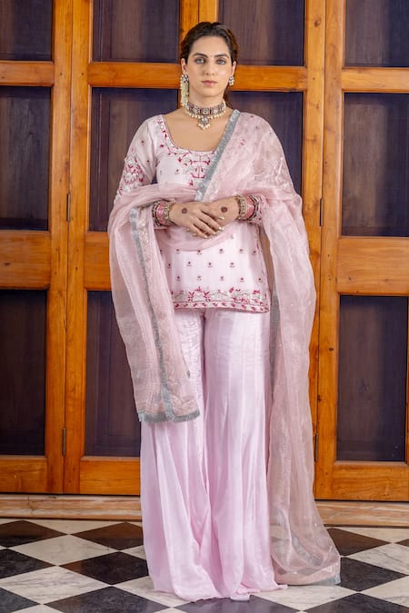 Nafs Pink Georgette, Silk Organza, Tissue Embroidery, Powder Kurta Sharara Set