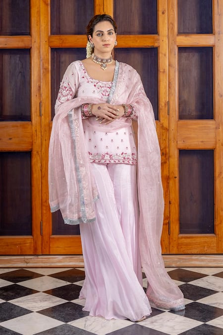 Buy_Nafs_Pink Georgette, Silk Organza, Tissue Embroidery, Powder Kurta Sharara Set _Online_at_Aza_Fashions