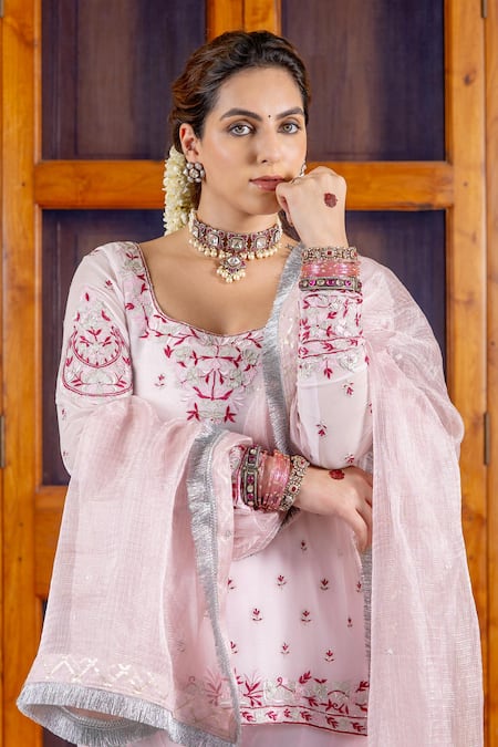 Shop_Nafs_Pink Georgette, Silk Organza, Tissue Embroidery, Powder Kurta Sharara Set _Online_at_Aza_Fashions
