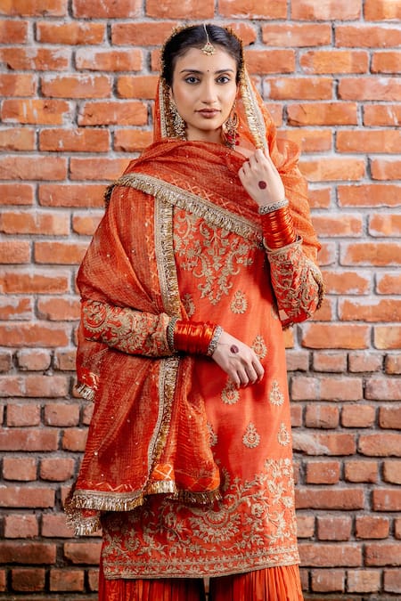 Nafs_Rust Tussar, Silk Organza Sequins Round Neck Kurta Gharara Set _Online_at_Aza_Fashions