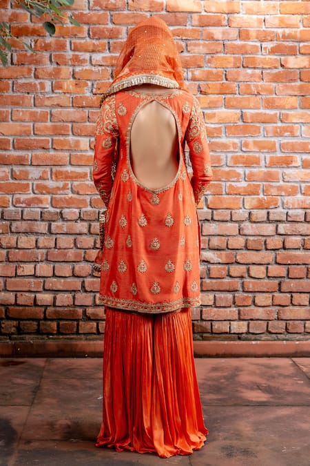 Buy_Nafs_Rust Tussar, Silk Organza Sequins Round Neck Kurta Gharara Set _Online_at_Aza_Fashions