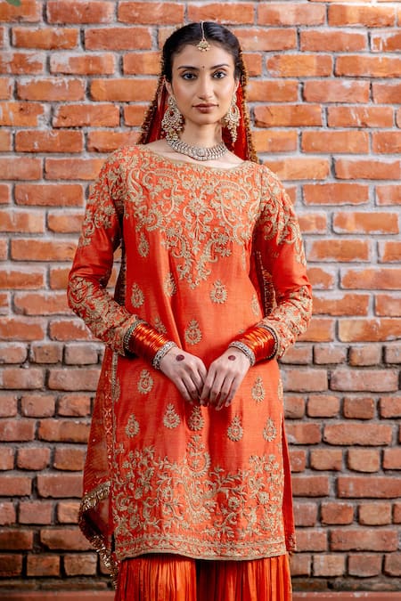 Shop_Nafs_Rust Tussar, Silk Organza Sequins Round Neck Kurta Gharara Set _Online_at_Aza_Fashions