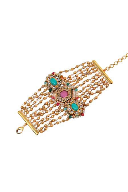 Shop Tad Accessories Pink Gemstones, Beads Gold Finish Imitation Kundan Bracelet at Aza Fashions Shop_Tad Accessories_Pink Gemstones, Beads Gold Finish Imitation Kundan Bracelet _at_Aza_Fashions