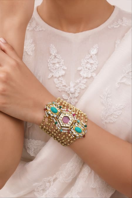Tad Accessories Pink Gemstones, Beads Gold Finish Imitation Kundan Bracelet 