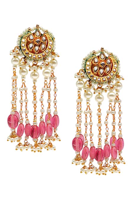 Shop Tad Accessories Pink Pearls, Beads Ruby Imitation Kundan Earrings at Aza Fashions Shop_Tad Accessories_Pink Pearls, Beads Ruby Imitation Kundan Earrings _at_Aza_Fashions
