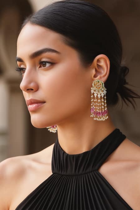 Tad Accessories Pink Pearls, Beads Ruby Imitation Kundan Earrings 