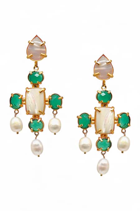 Shop Tad Accessories Green Stones, Pearls Gold Finish Earrings at Aza Fashions Shop_Tad Accessories_Green Stones, Pearls Gold Finish Earrings _at_Aza_Fashions