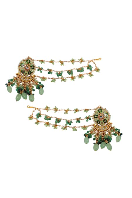 Shop Tad Accessories Green Stones, Beads Gold Finish Imitation Kundan Earrings at Aza Fashions Shop_Tad Accessories_Green Stones, Beads Gold Finish Imitation Kundan Earrings _at_Aza_Fashions
