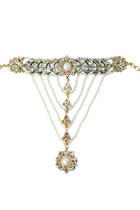 Shop_Tad Accessories_White Pearls Gold Finish Imitation Kundan Haathphool _at_Aza_Fashions