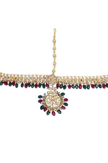 Tad Accessories_Green Gold Finish Imitation Kundan Mathapatti _Online_at_Aza_Fashions