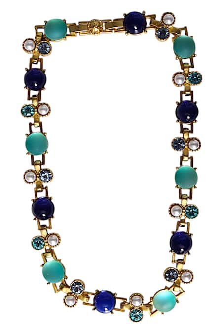 Shop Tad Accessories Turquoise Gold Finish Semi Precious Stone Necklace at Aza Fashions Shop_Tad Accessories_Turquoise Gold Finish Semi Precious Stone Necklace _at_Aza_Fashions