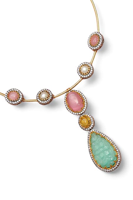 Shop Tad Accessories Gold Plated Finish Semi Precious Stone Necklace at Aza Fashions Shop_Tad Accessories_Gold Plated Finish Semi Precious Stone Necklace _at_Aza_Fashions