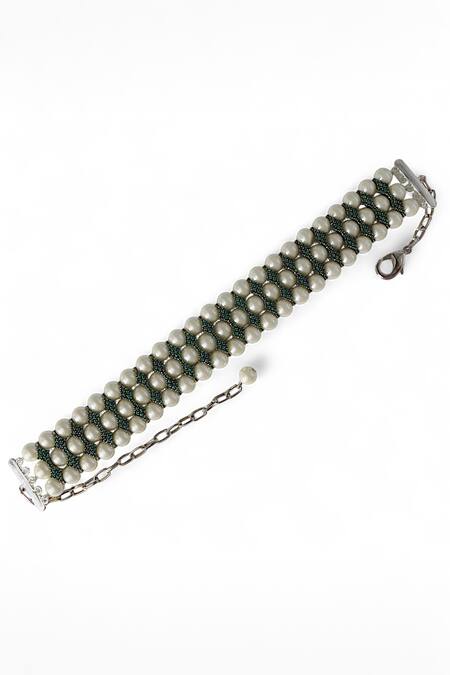 Buy Tad Accessories Green Two Tone And Pearl Choker Necklace Online at Aza Fashions Buy_Tad Accessories_Green Two Tone And Pearl Choker Necklace _Online_at_Aza_Fashions