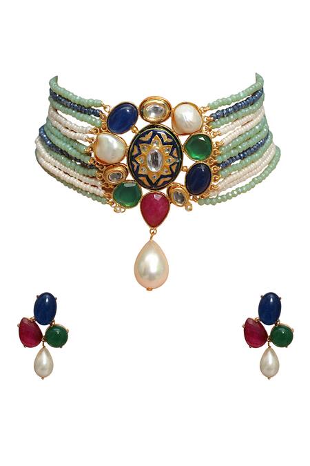 Shop Tad Accessories Multi Color Stones Gold Finish Semi Precious Choker Set at Aza Fashions Shop_Tad Accessories_Multi Color Stones Gold Finish Semi Precious Choker Set_at_Aza_Fashions
