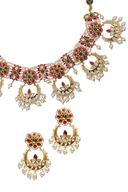 Tad Accessories Pink Pearls Gold Finish Imitation Polki Necklace Set Online at Aza Fashions Tad Accessories_Pink Pearls Gold Finish Imitation Polki Necklace Set _Online_at_Aza_Fashions