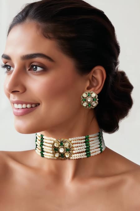 Tad Accessories Green Faux Diamonds, Stones Gold Finish Choker And Earrings Set