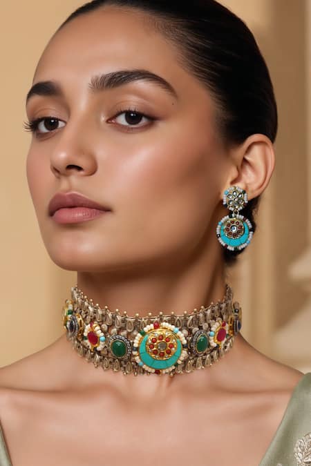 Tad Accessories Turquoise Stones Antique Silver Finish Jewelry Set 