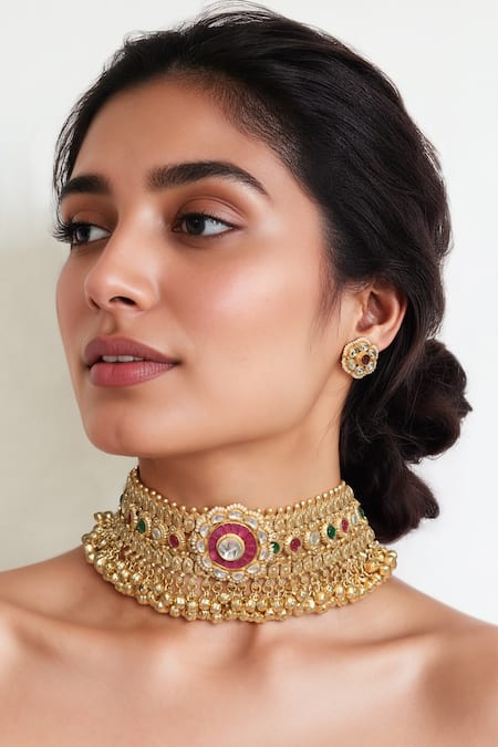 Tad Accessories Gold Plated Faux Diamonds, Pearls Finish Imitation Polki Necklace Set