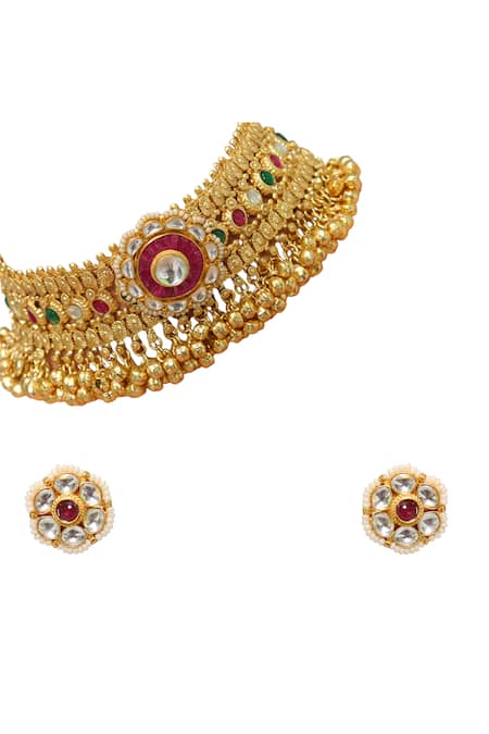 Buy_Tad Accessories_Gold Plated Faux Diamonds, Pearls Finish Imitation Polki Necklace Set _Online_at_Aza_Fashions