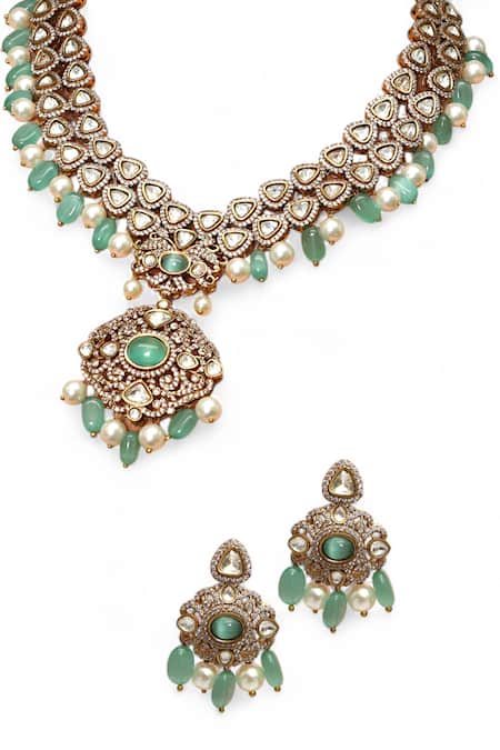 Tad Accessories Green Faux Diamonds, Gemstones Gold Finish Choker Set Online at Aza Fashions Tad Accessories_Green Faux Diamonds, Gemstones Gold Finish Choker Set _Online_at_Aza_Fashions