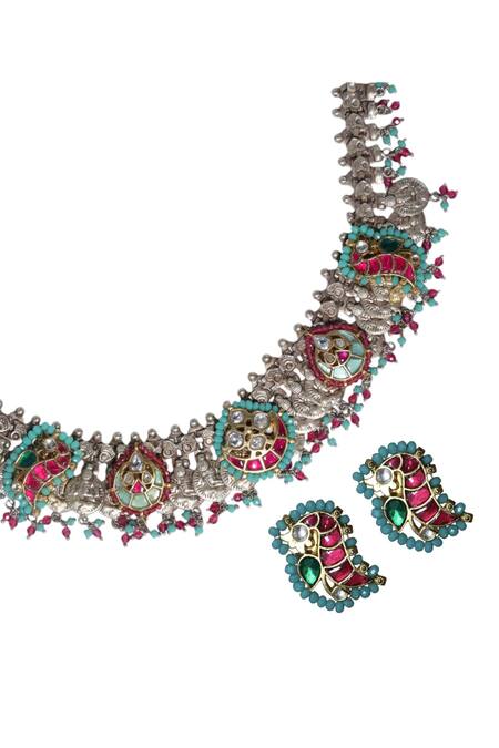 Tad Accessories Red Faux Diamonds, Gemstones Antique Silver Finish Imitation Polki Set Online at Aza Fashions Tad Accessories_Red Faux Diamonds, Gemstones Antique Silver Finish Imitation Polki Set _Online_at_Aza_Fashions